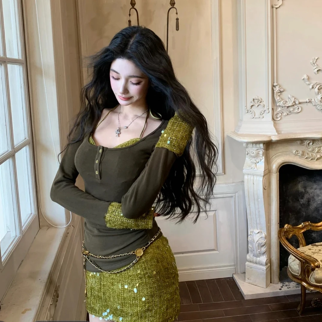 【假日穿搭】假两件珠片拼针织连衣裙