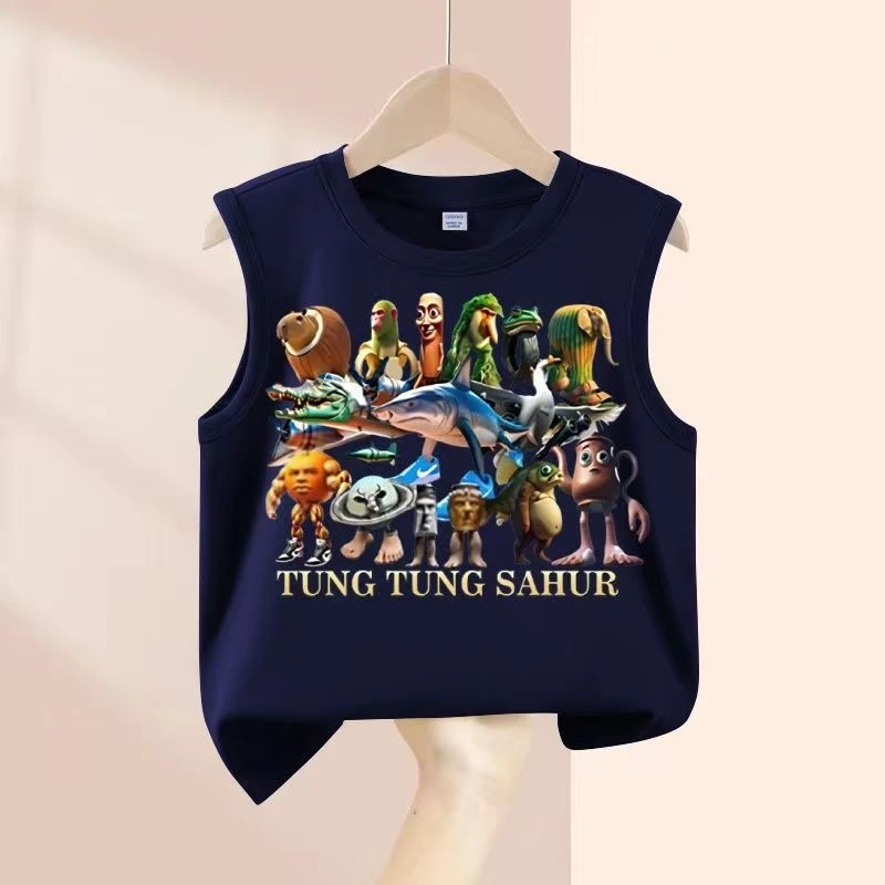 男童无袖T恤儿童上衣tungtungsahur通通哥木棍人抽象外山海经背心