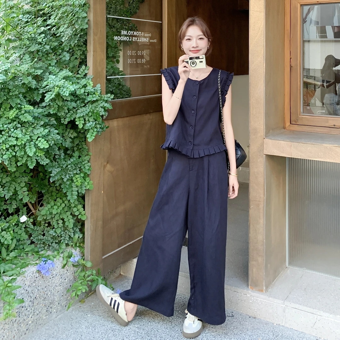 深蓝色休闲时尚套装女夏季2025新款韩版背心上衣阔腿拖地裤两件套
