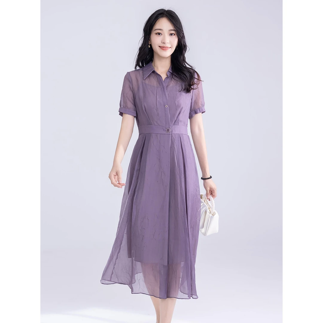L6100夏新款假两件衬衫连衣裙女文艺气质简约短袖中长裙
