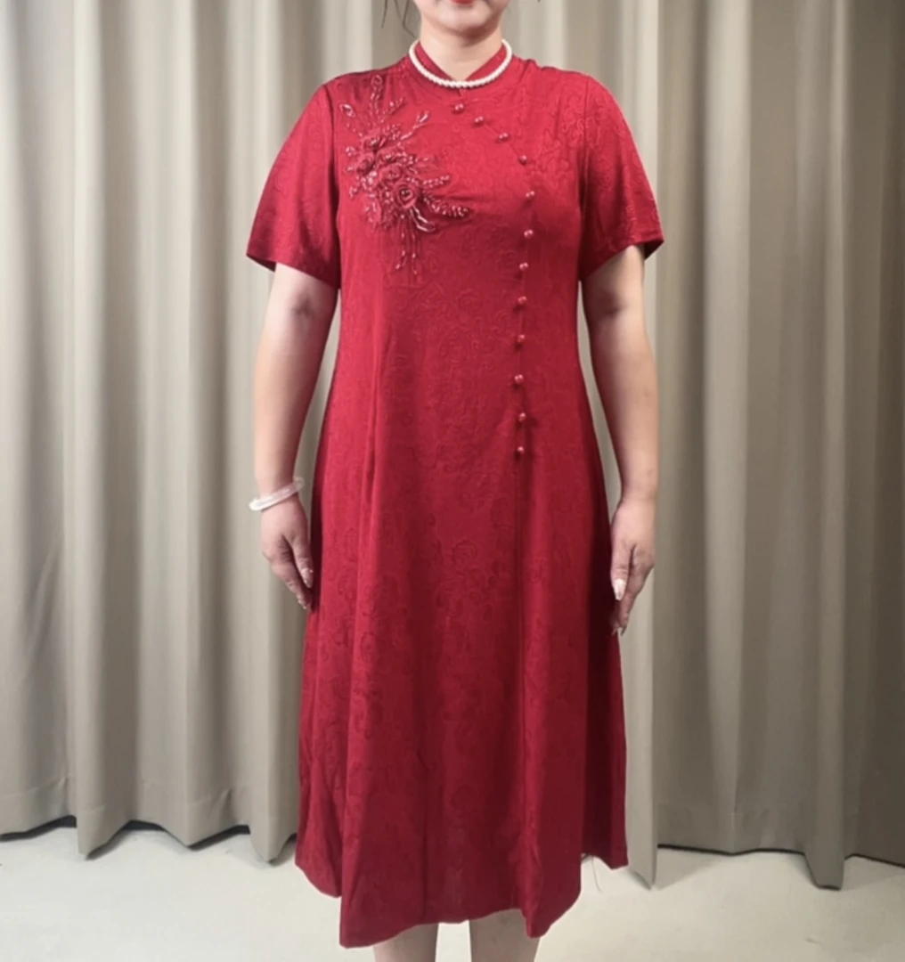 高端刺绣提花旗袍喜妈妈婆婆婚宴短袖连衣裙