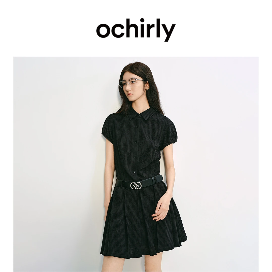 ochirly欧时力 衬衫领百褶连衣裙气质感配腰带2025夏季新款流光风