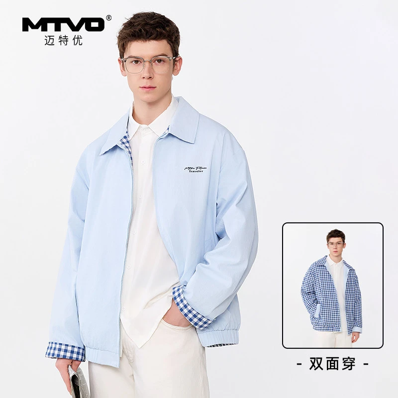 MTVO迈特优春季新款格子双面穿翻领男士休闲时尚潮流夹克  026