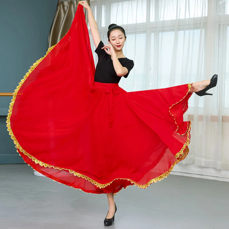 720度半身裙a字裙长裙中腰大摆雪纺长款显瘦金边民族舞蹈裙大摆裙