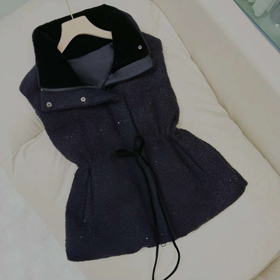 黑色羊毛小香风鹅绒加厚收腰款羽绒马甲