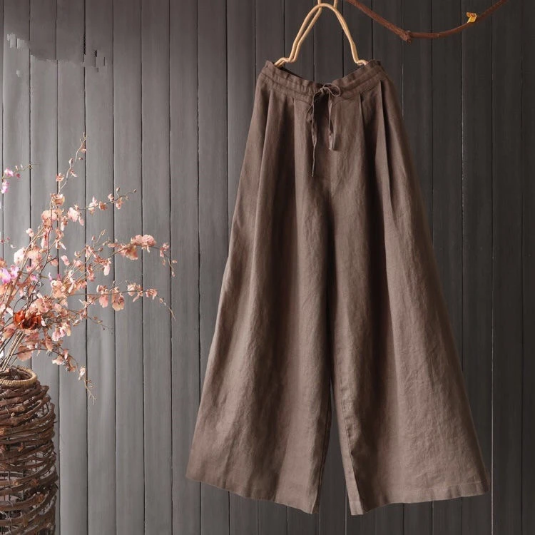 现货宽松棉麻阔腿裤裙裤女复古禅意纯色亚麻裤子春夏季休闲裤长裤