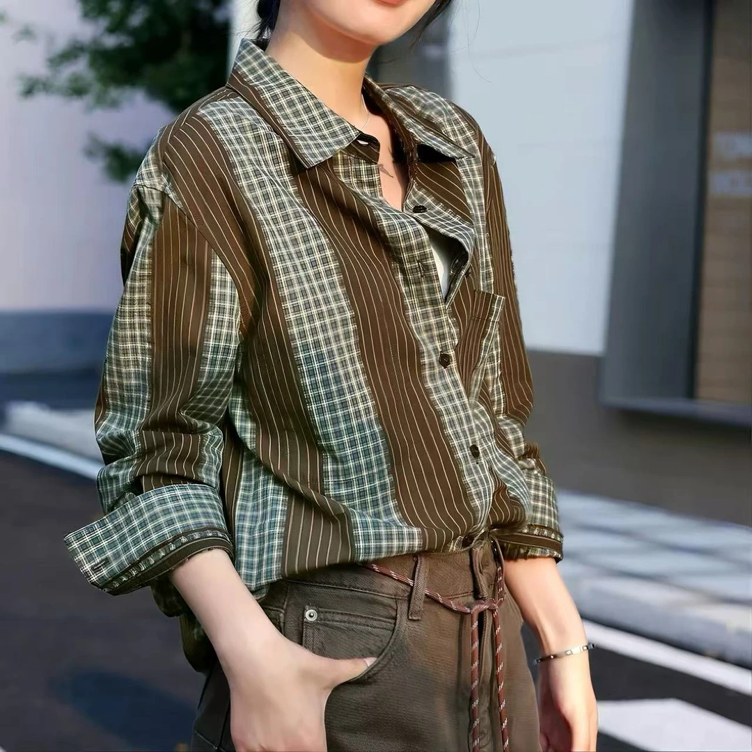 （1662衬衫）韩系拼接条纹格子衬衫72/78