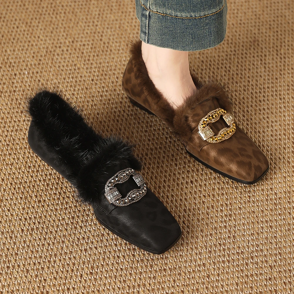 1722B-26毛毛鞋冬季新款加绒单鞋女坡跟中跟鞋保暖豹纹大码女鞋