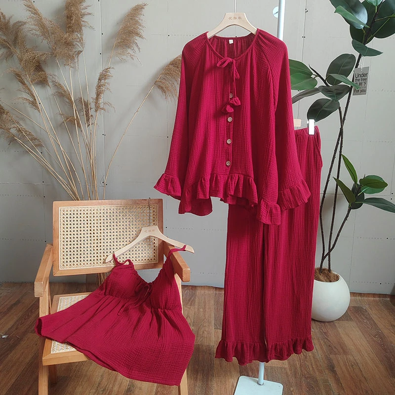 现货！〖安格拉〗新年款红色纯棉纱春秋款长袖睡衣女结婚家居服套装