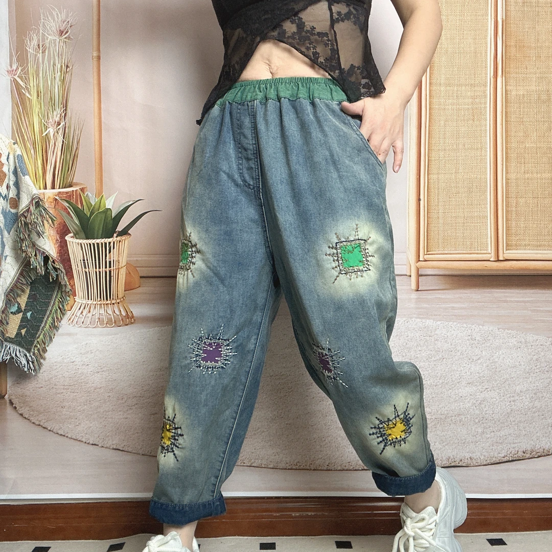 86171复古民族风九分牛仔裤大码水洗牛仔裤绣花刺绣休闲哈伦裤