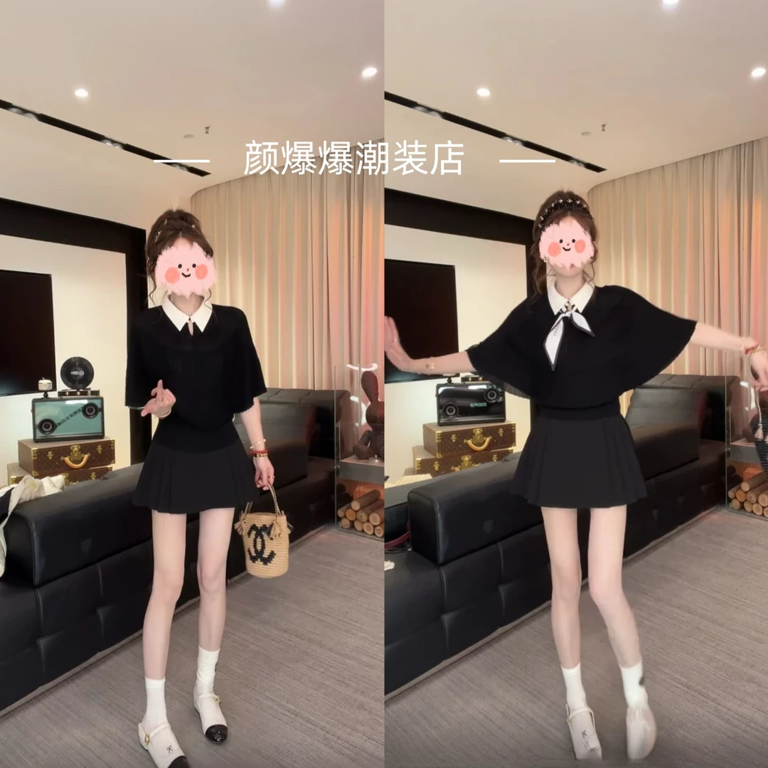 2025夏季设计感学院风时尚蝙蝠袖百搭减龄遮肉POLO衫+百褶裙套装