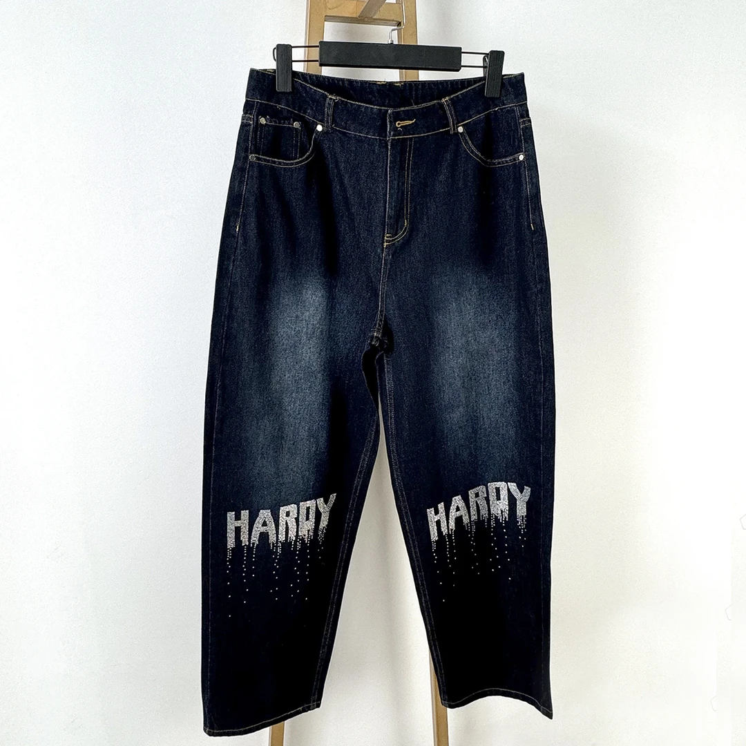 1474 夏季新款无破洞直筒烫钻潮流时尚休闲 男女同款牛仔裤