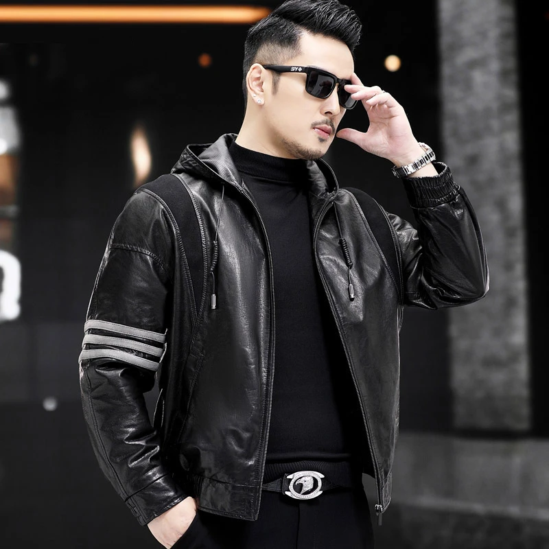 5088时尚海宁真皮皮衣男短款连帽皮夹克头层山羊皮外套休闲潮流