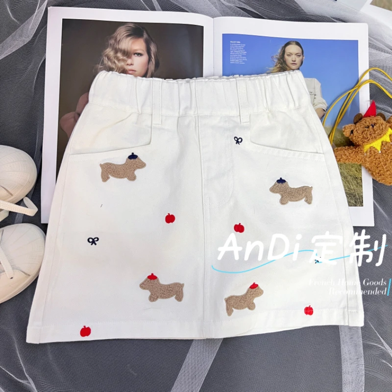 〖ANDI〗安迪订制女童夏季新款韩版洋气卡通狗刺绣牛仔短裙4118