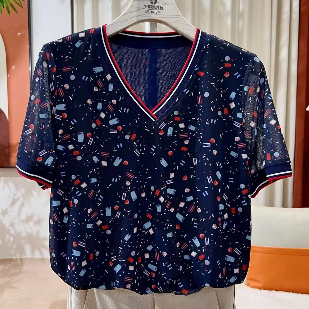 玛瑞施专柜夏季女短袖V领洋气新款T恤T5253
