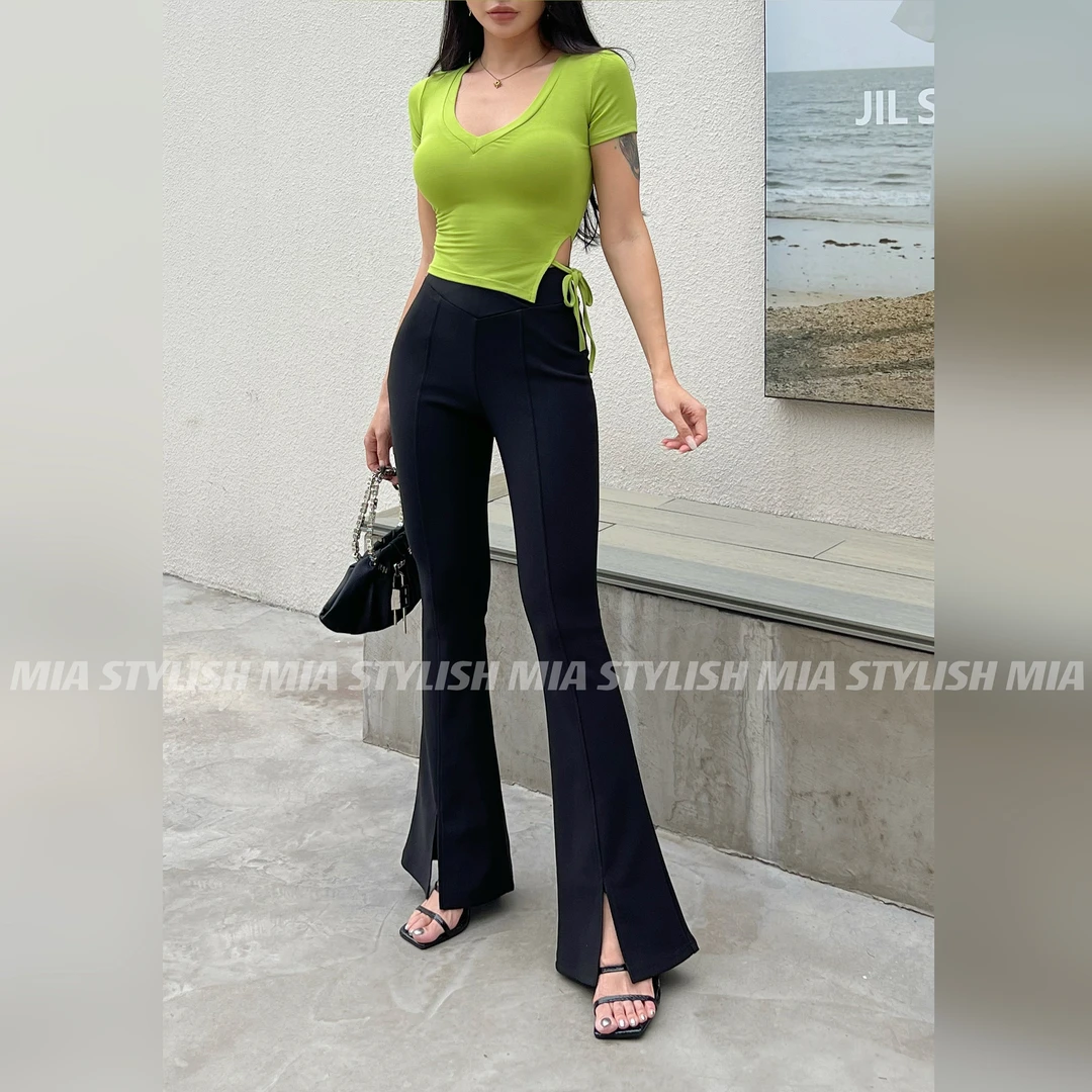 【蜜蜜家】长腿姐姐 欧美辣妹V腰修身开衩微喇裤 K024