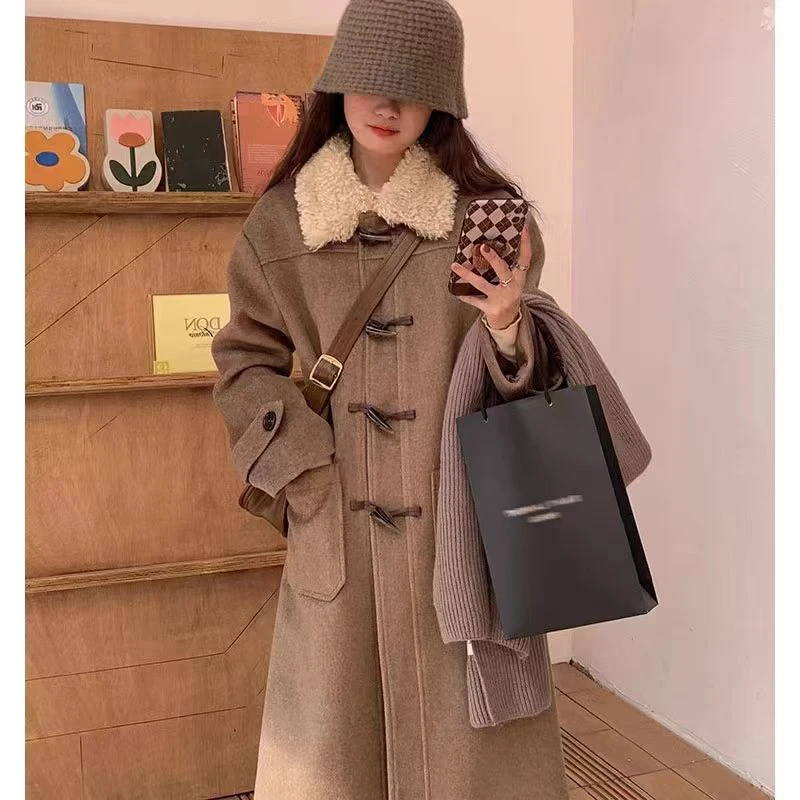 【冬季新品】学院风羊羔毛领牛角扣呢子大衣2024冬中长款保暖外套
