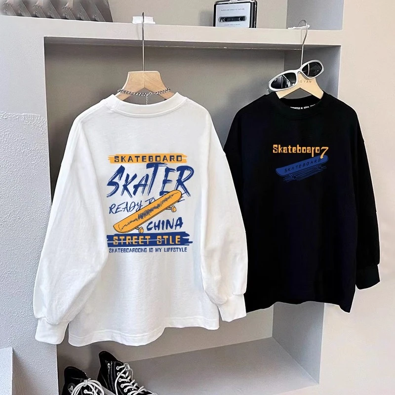 儿童纯棉中大童宽松长袖t恤打底衫洋气字母图案圆领男童t恤长袖