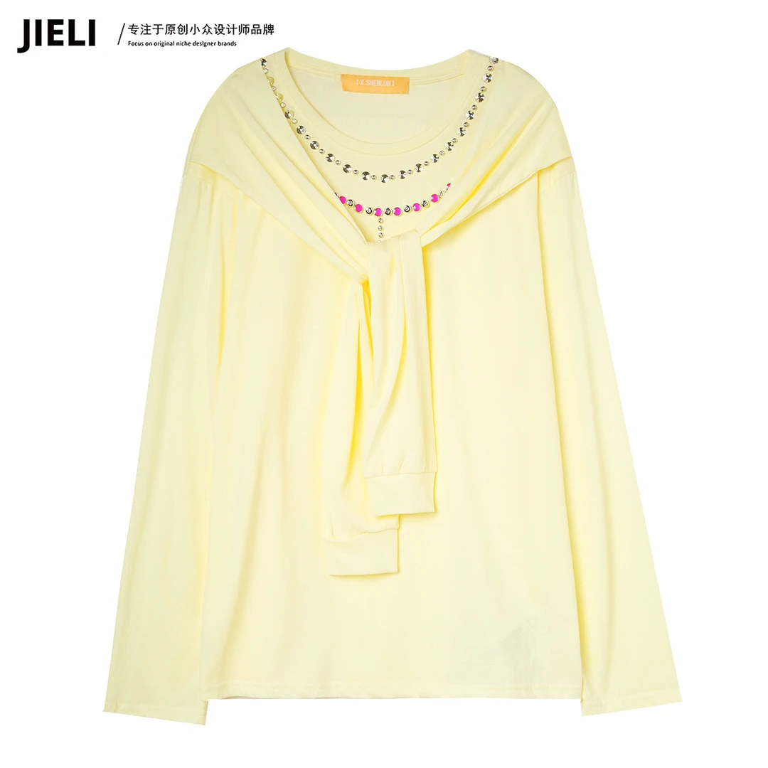 JIE LI/街力 长袖T恤女春秋季高级感显瘦黄色上衣女W681