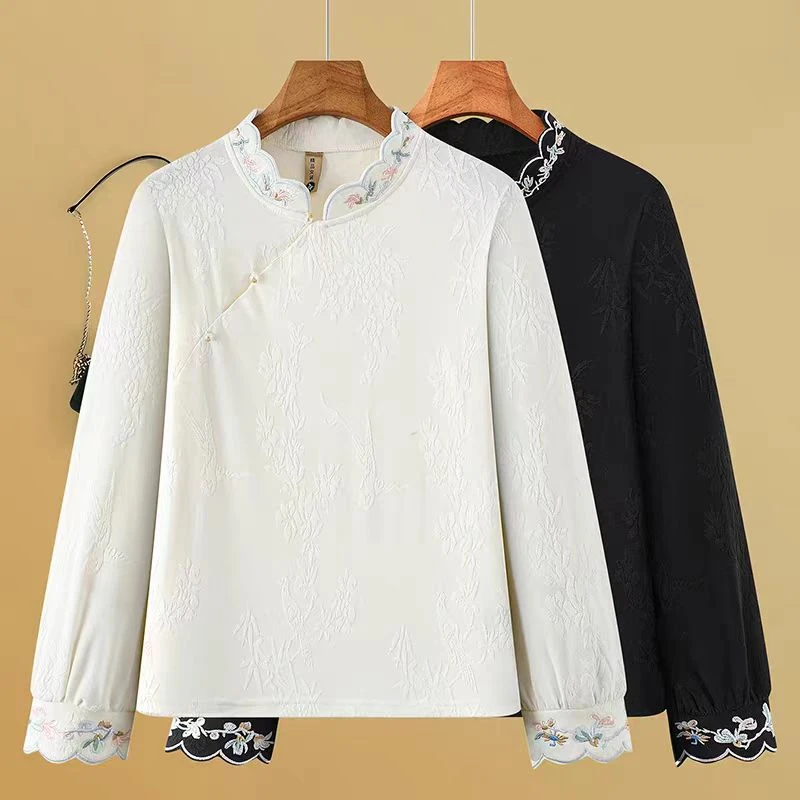 斜襟套头厚款刺绣立领常规款上衣百搭中式秋季重工