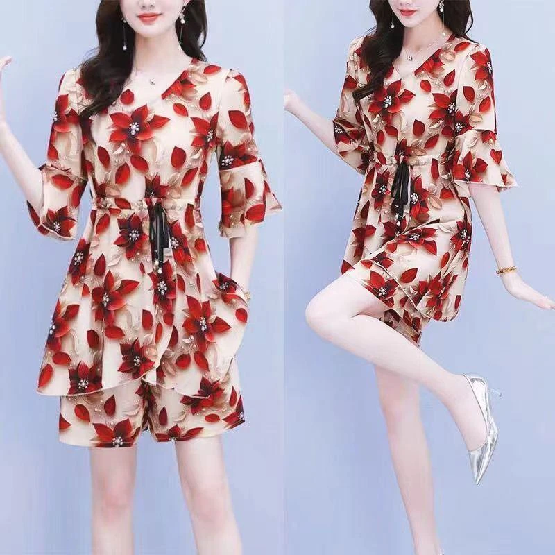 2025夏季新款山花烂漫印花女款韩版遮肉显瘦大码连衣裙套装
