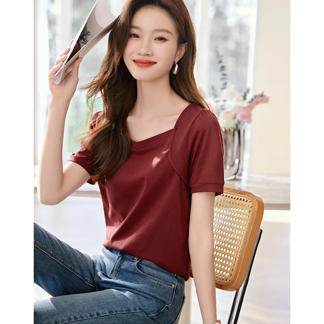 沫晗依美2025夏季新款泡泡袖休闲方领短袖显瘦设计感上衣T恤7276