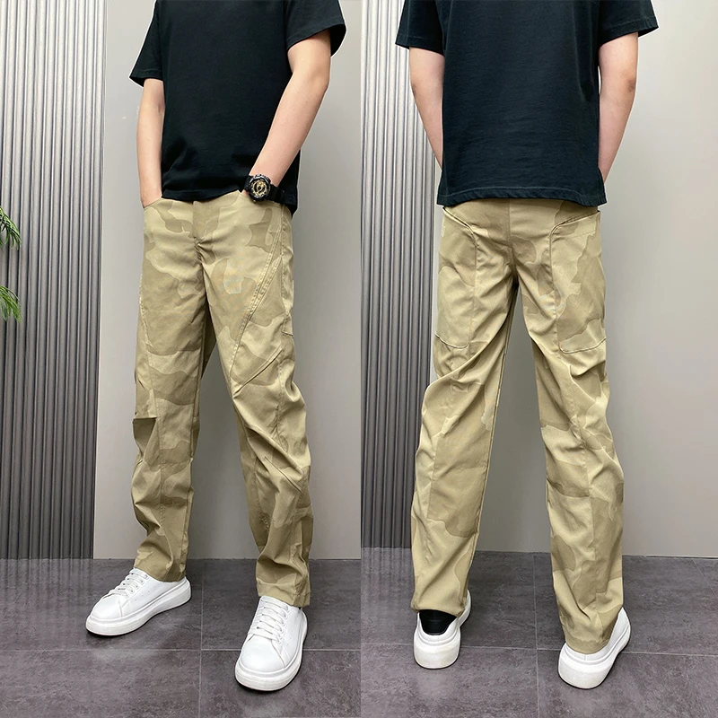 2025秋季新款日系潮牌拼接户外迷彩直筒裤男潮流青少年时尚休闲裤