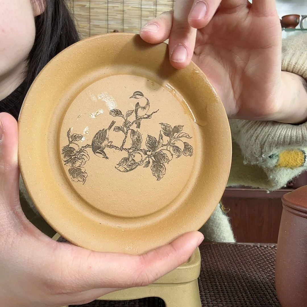 紫砂茶杯黄段小鸟盘子12.5CC