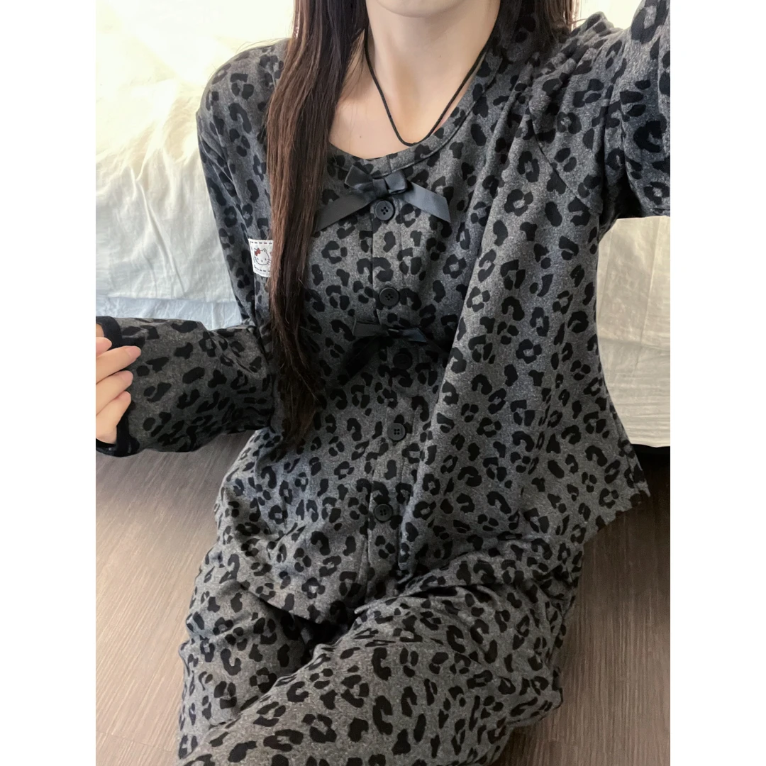 纯欲甜美豹纹蝴蝶结kitty德绒睡衣女春秋季新款家居服套装可外穿