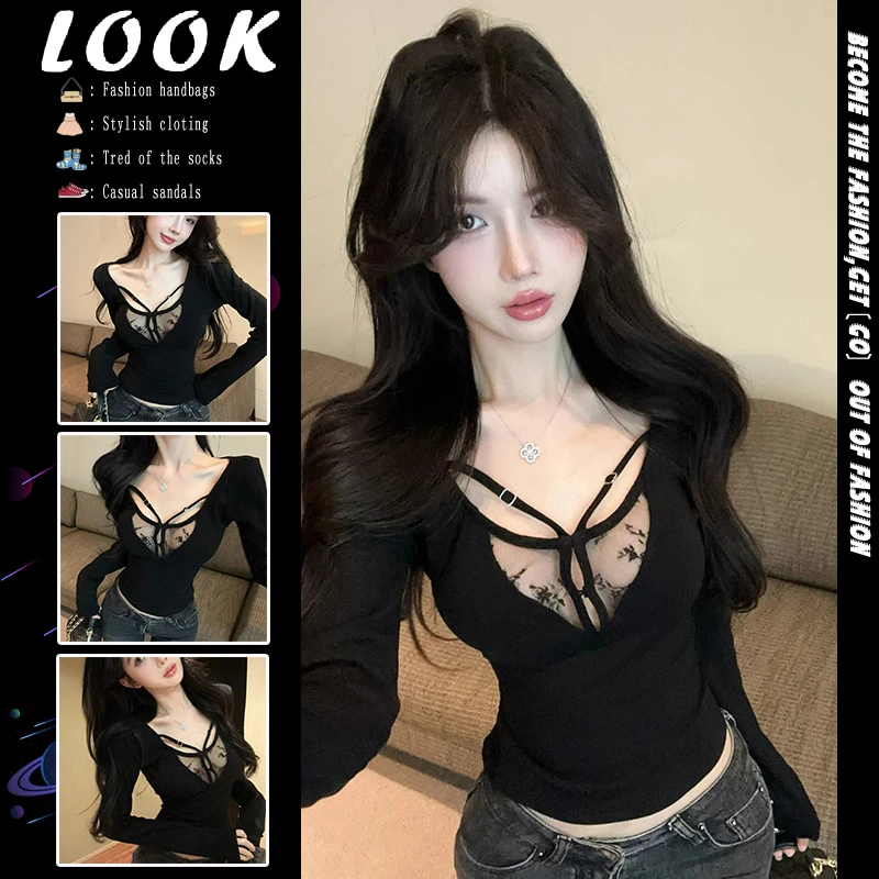 法式气质纯欲蕾丝拼接性感V领修身显瘦内搭黑色紧身百搭上衣T恤女