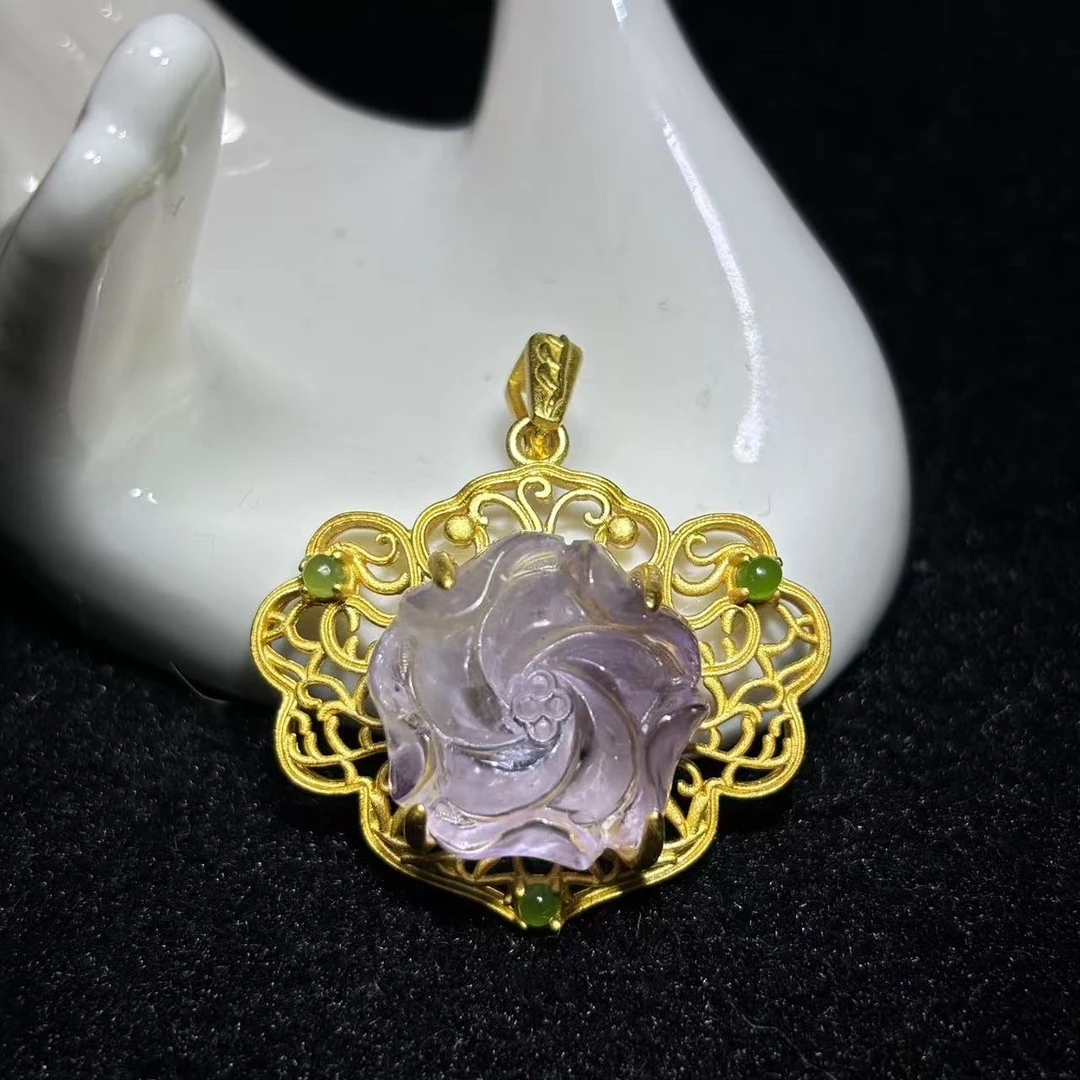 CY3946-S925银梦幻罗兰紫薰衣草晶玫瑰花吊坠-配麻花链