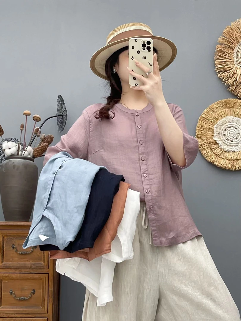 100%苎麻衬衫百搭减龄小衫夏季薄款透气圆领上衣宽松复古小衫6663