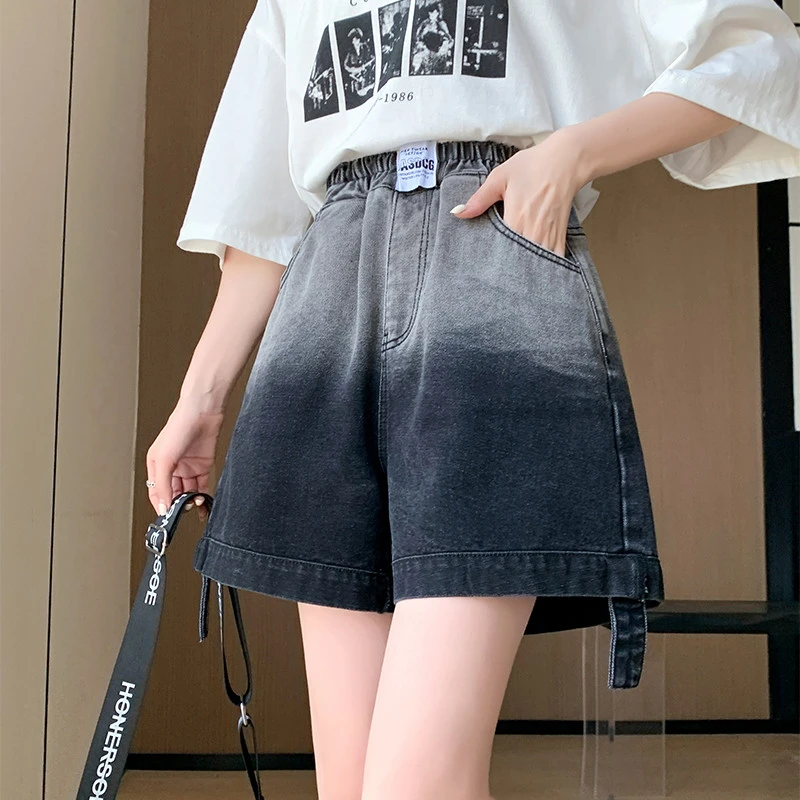 渐变色牛仔短裤女2025夏季新款宽松高腰显瘦松紧腰阔腿百搭潮流裤