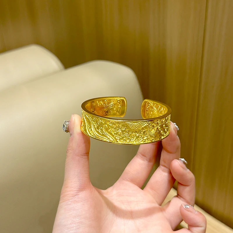 足银手镯 宽面古法錾刻龙凤开口手镯大克重婚嫁实心传承专柜同款