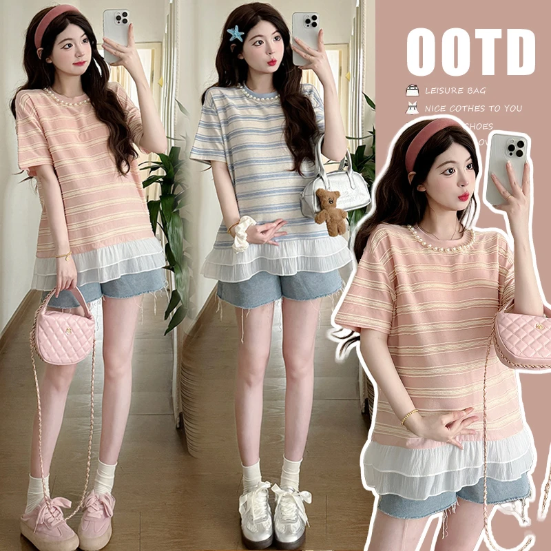 2025夏季新款韩版甜美条纹显瘦休闲减龄外穿拼接雪纺宽松孕妇上衣