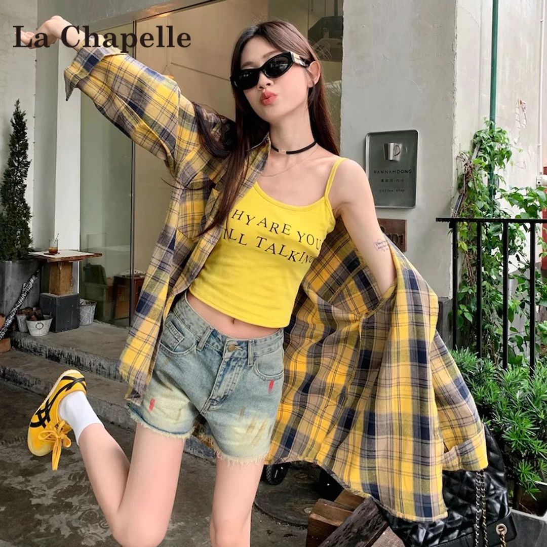 拉夏贝尔黄色格子防晒衬衫女夏季2025年新款宽松显瘦防晒外套上衣