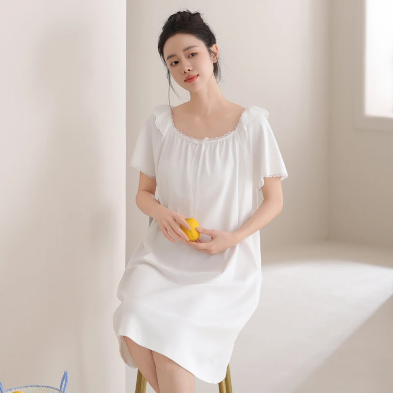 芬腾睡裙女夏季纯棉短袖睡衣少女纯色简约公主风性感连衣裙子夏款