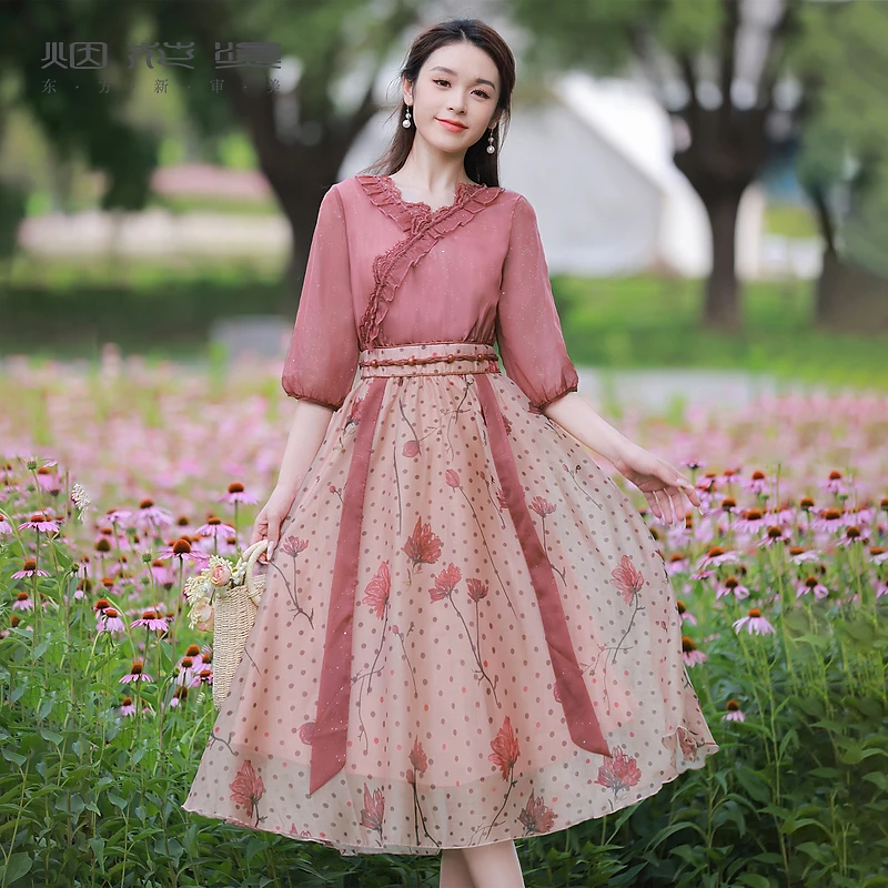 烟花烫气质复古连衣裙 2025秋季新款女装国风改良汉服裙子 芭蕉