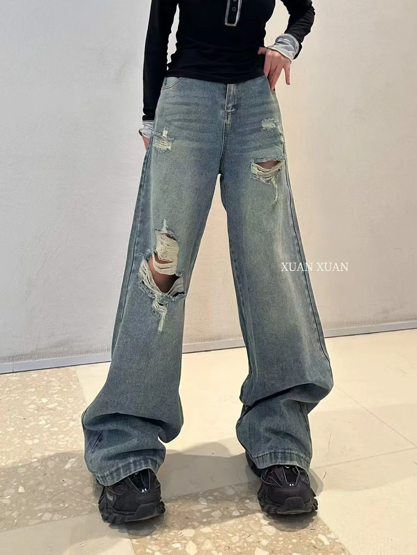 萱9267大码新款胖MM宽松显瘦洋气高腰牛仔破洞裤