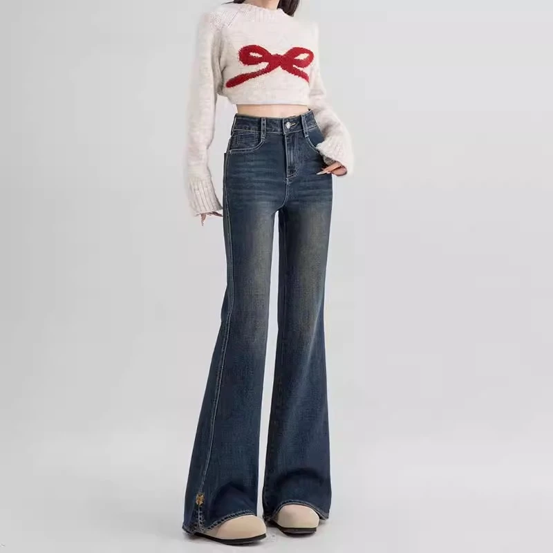 设计感开叉微喇牛仔裤女高腰棉弹胖mm遮胯显瘦显高马蹄喇叭裤