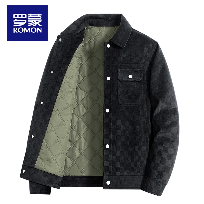 Romon/罗蒙时尚新款灯芯绒夹克棋盘格加厚外套冬季潮流保暖棉衣男