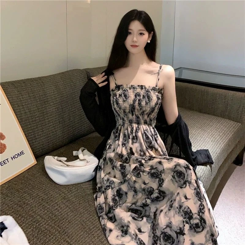 大码胖妹妹法式复古干枯玫瑰收腰显瘦吊带连衣裙+开衫外套两件套