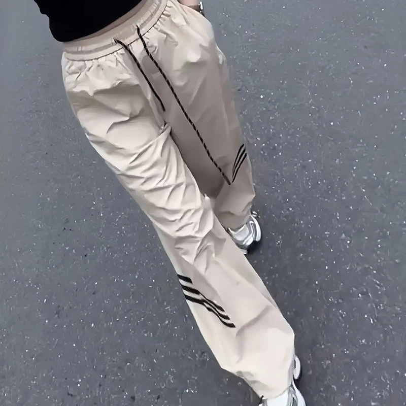 条纹透气微弹力阔腿裤口袋休闲裤速干裤长裤薄款情侣休闲百搭