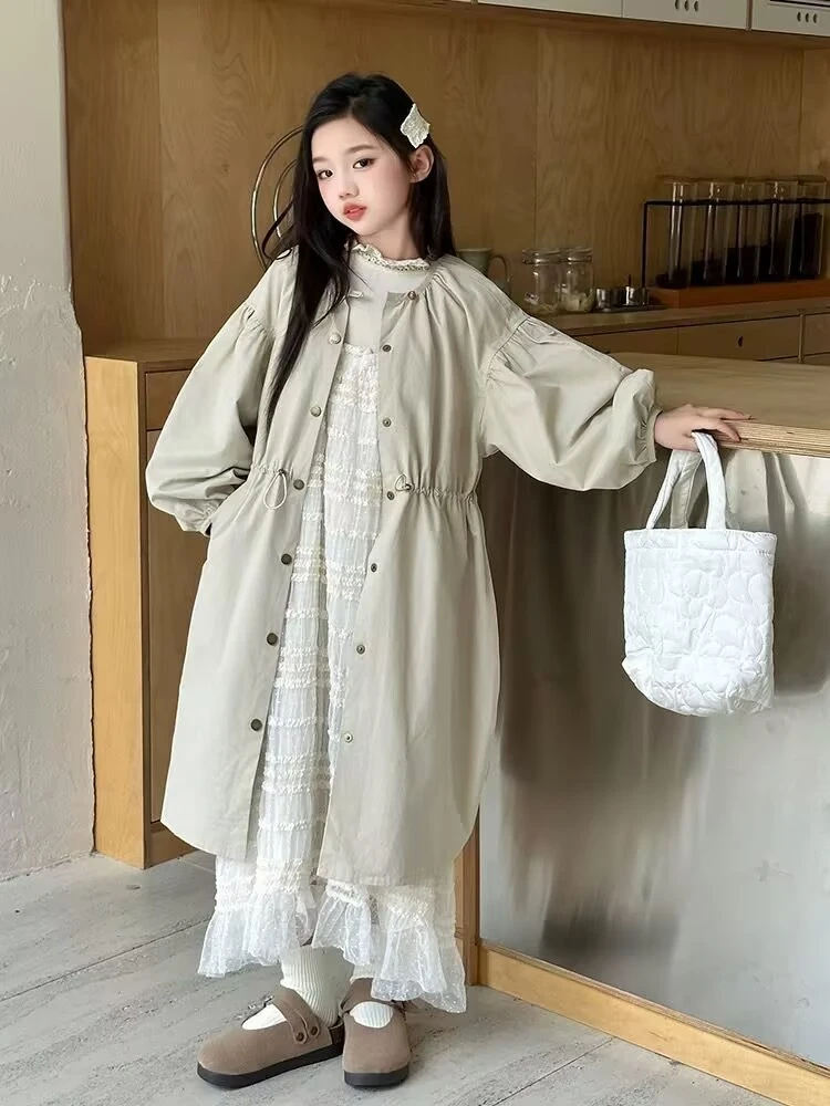 2025春秋新版洋气韩版女童外套中大童上衣儿童中长款风衣潮{米白}