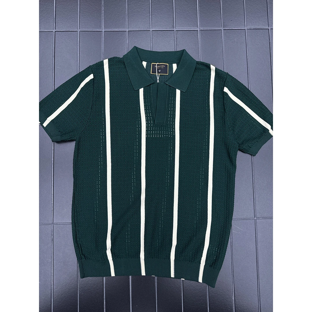 夏季新款潮流镂空设计感竖纹时尚针织衫百搭V领短袖T恤