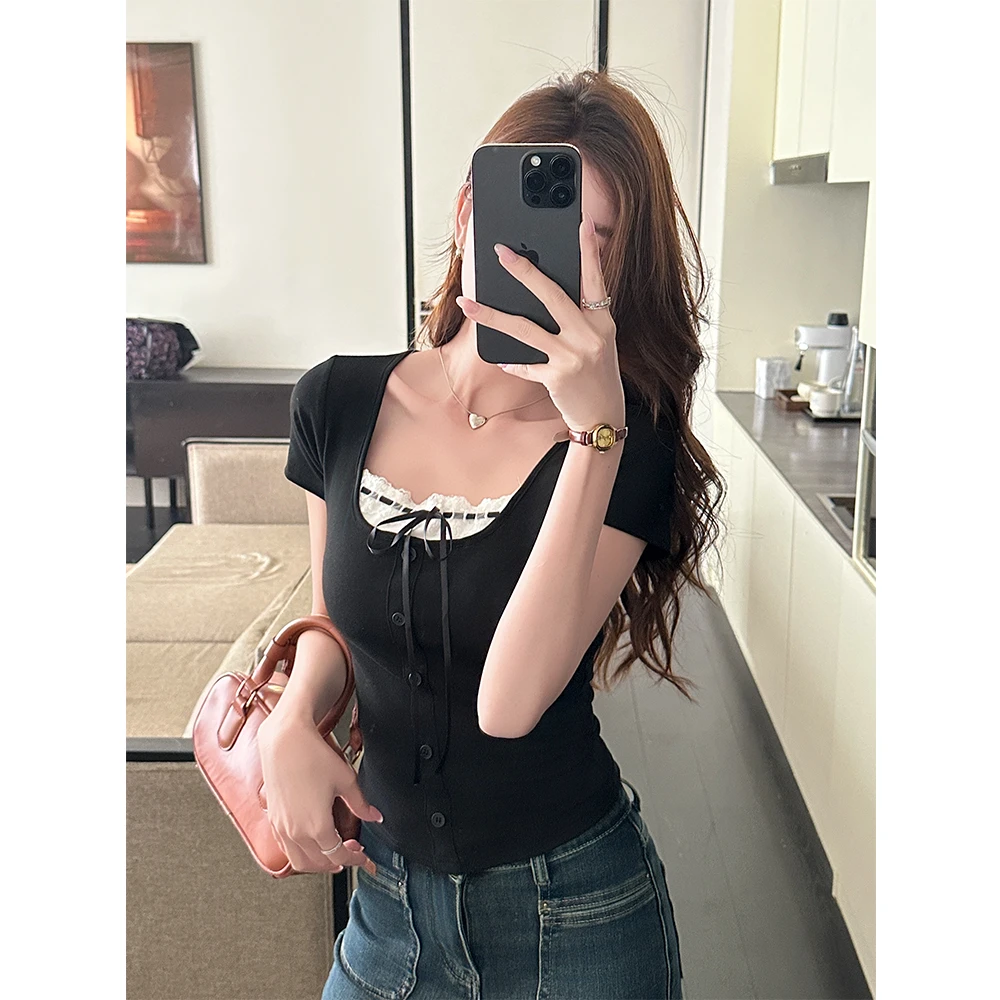 韩系蕾丝蝴蝶结纽扣方领短袖t恤女2025夏季新款修身显瘦打底上衣