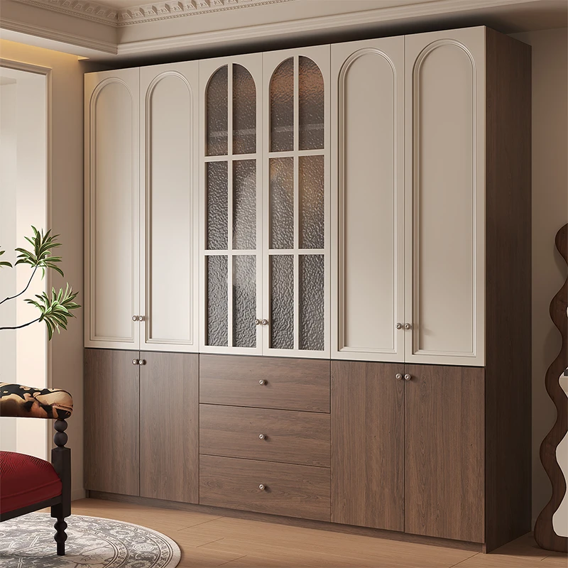 橡木新款衣柜中古风实木大衣柜家用卧室法式复古老钱风玻璃门衣橱