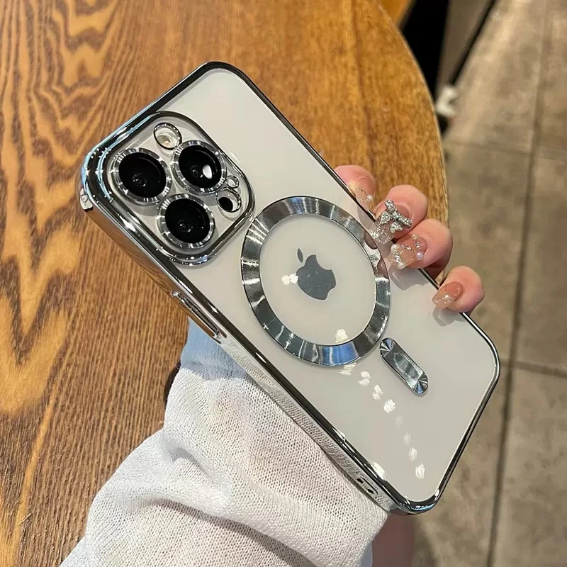 适用iPhone16手机壳电镀自带镜头膜苹果16E透明磁吸Magsafe保护套