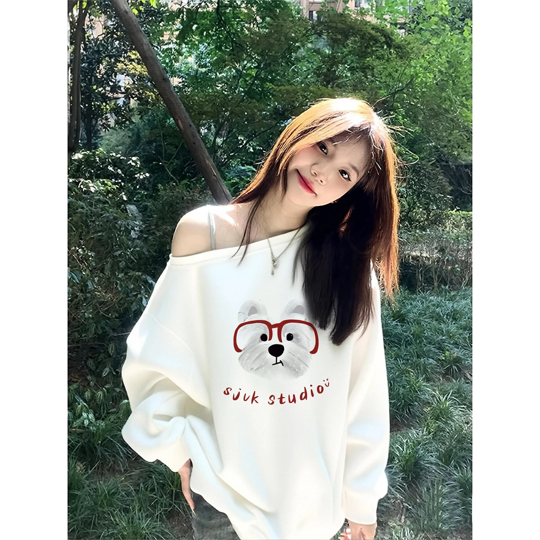 2025秋冬新款斜肩设计感卫衣女白色宽松百搭印花纯棉小心机上衣潮