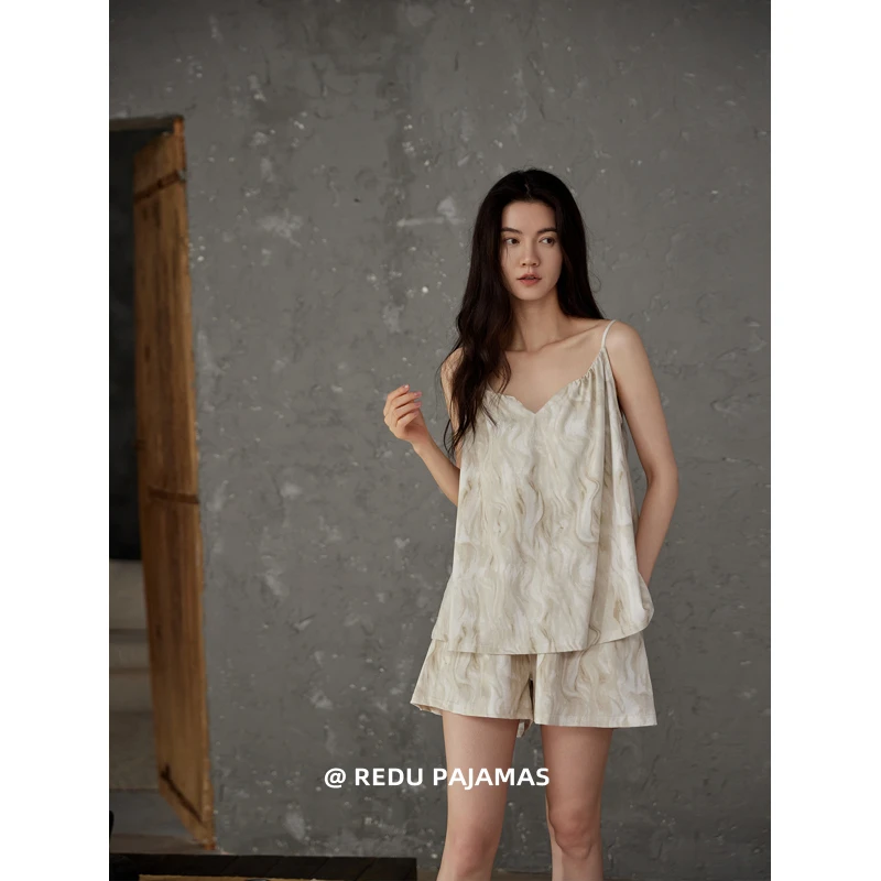 【凉感】热妒睡衣女夏纯棉吊带短裤无袖V领条纹带胸垫家居服套装